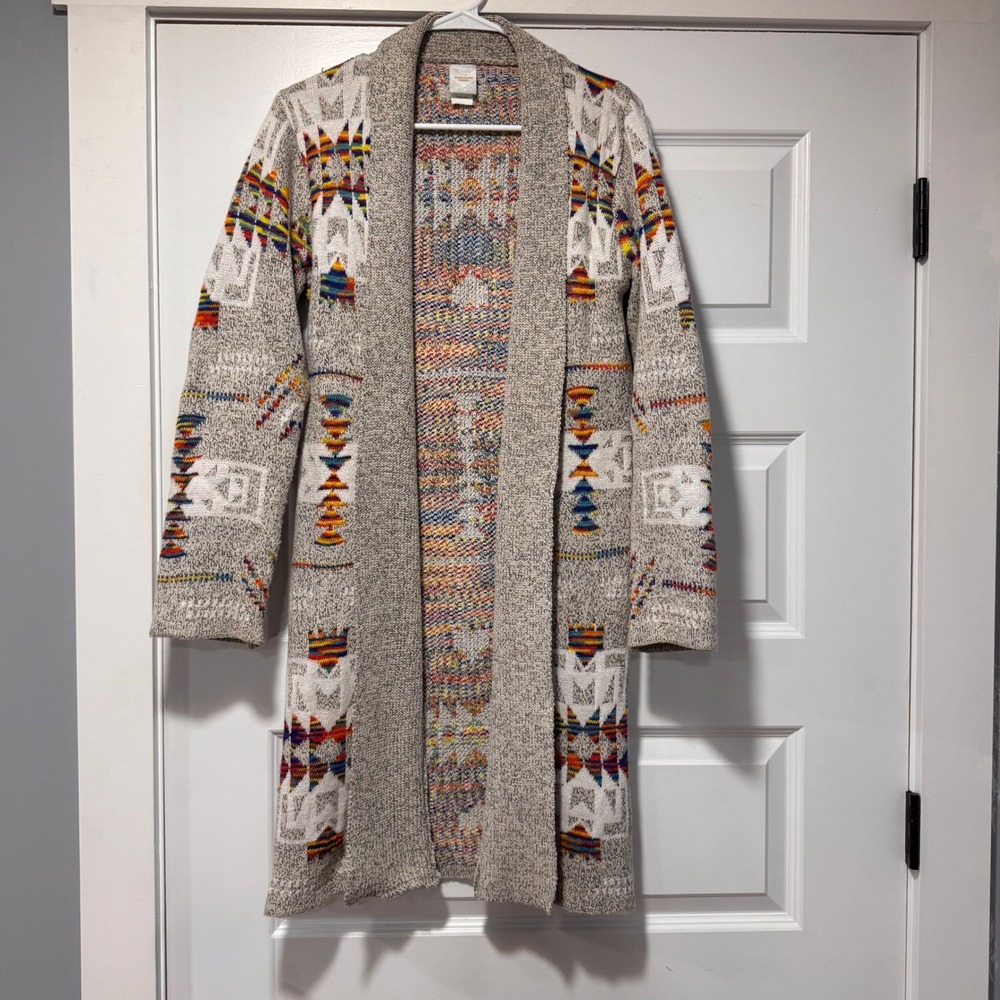 Northern Angel Long Open Front Southwest Pattern Cardigan Duster Sweater Large - Picture 2 of 7